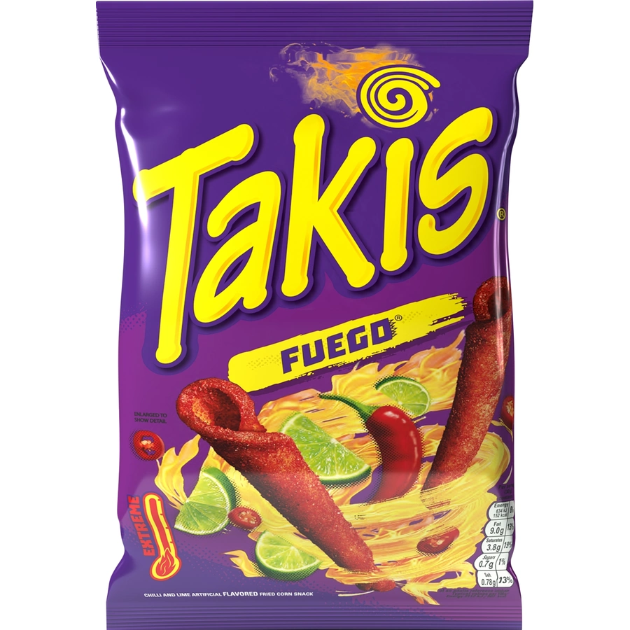 Purple bag of Takis Fuego rolled tortilla chips