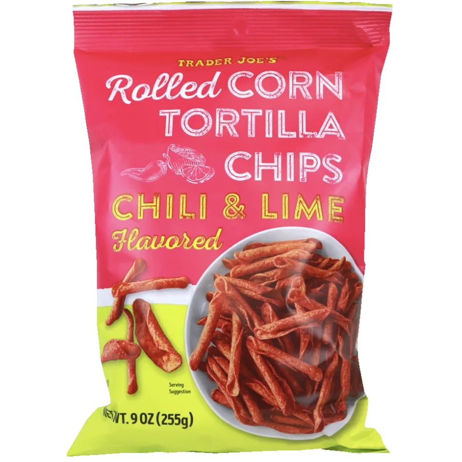 Pink bag of Trader Joe's Chili & Lime Flavored Rolled Corn Tortilla Chips
