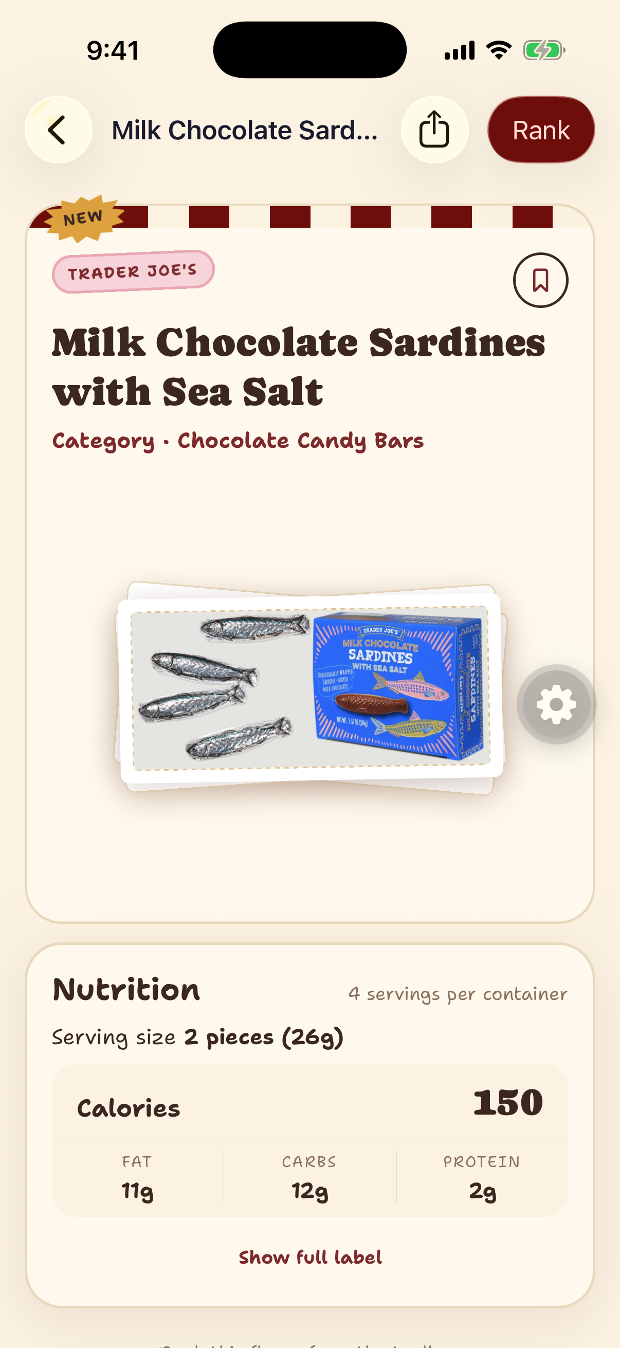 Trader Joe's catalog listing for Milk Chocolate Sardines with Sea Salt
