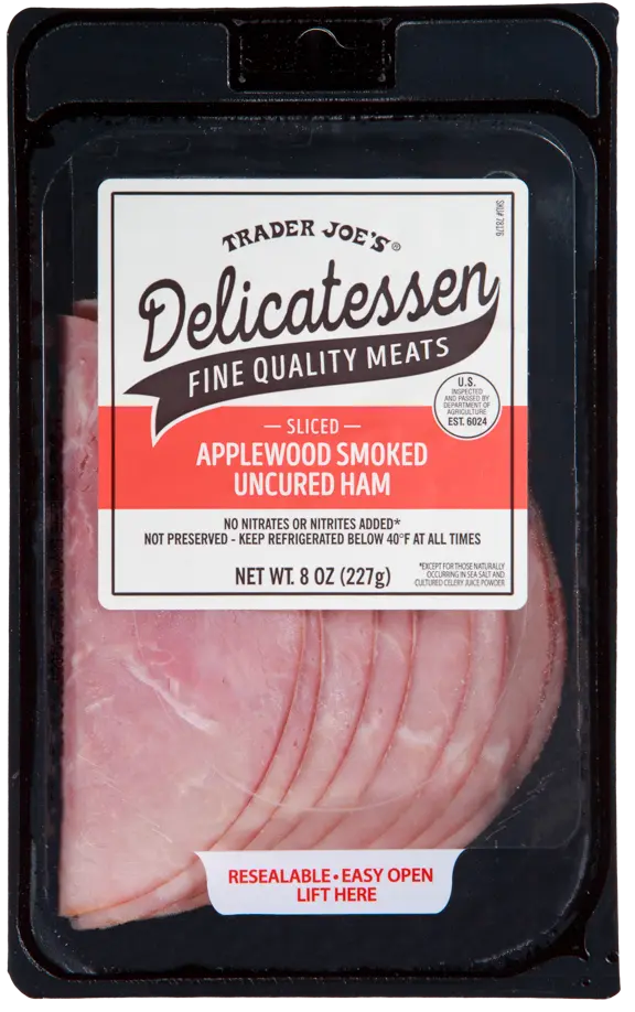 Trader Joe's Sliced Applewood Smoked Uncured Ham package, with label art still reading 8 oz