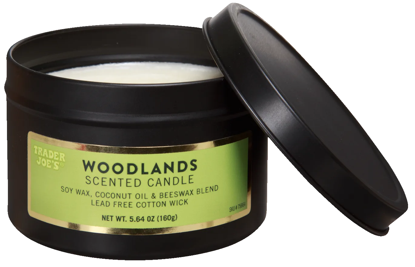 Trader Joe's Woodlands Scented Candle in a black tin